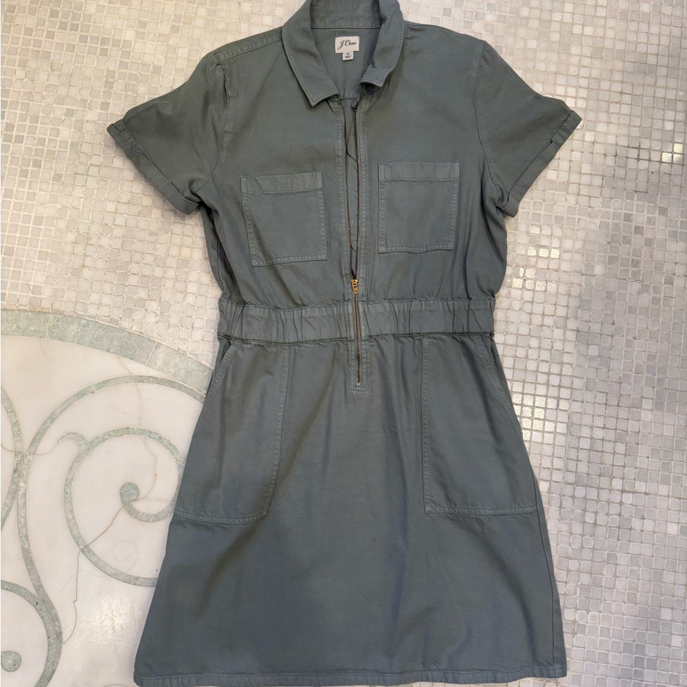J. Crew Olive Green Short-Sleeve Zip Front Mini Dress
